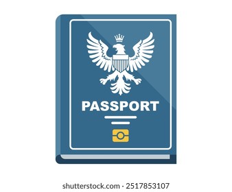 Pasaporte azul con escudo de armas. Águila en pasaporte extranjero.