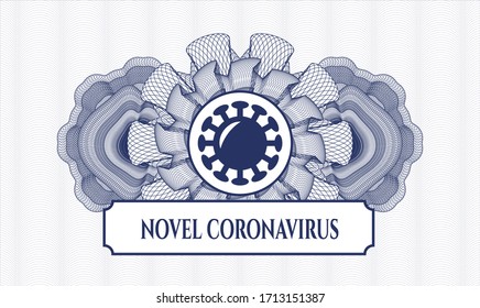 Blue passport emblem. Vector Illustration. Detailed with coronavirus icon and Novel Coronavirus text inside