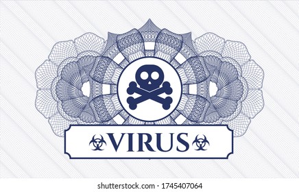 Blue passport emblem. Vector Illustration. Detailed with crossbones icon and Virus text inside