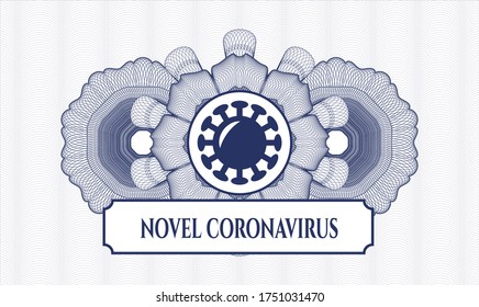 Blue passport emblem. Vector Illustration. Detailed with coronavirus icon and Novel Coronavirus text inside
