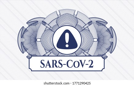 Blue passport emblem. Vector Illustration. Detailed with warning icon and SARS-CoV-2 text inside
