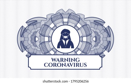 Blaues Passemblem. Vektorgrafik. Detaillierte Angaben mit einer Frau, die ein Gesichtsmaske-Symbol trägt, und Warning Coronavirus-Text im Inneren