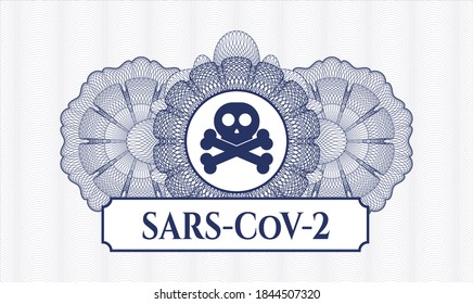 Blue passport emblem. Vector Illustration. Detailed with crossbones icon and SARS-CoV-2 text inside