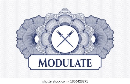 Blue passport emblem. Vector Illustration. Detailed with crossed swords icon and Modulate text inside