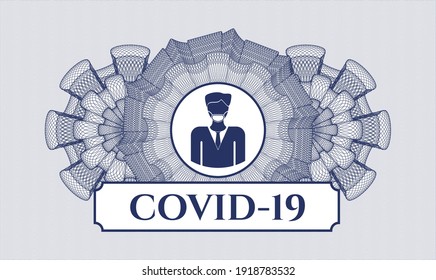 Blue passport emblem. Vector Illustration. Detailed with man wearing face mask icon and COVID-19 text inside