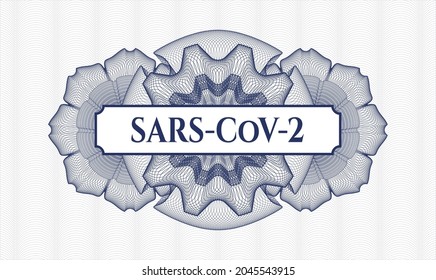 Blue passport emblem. Vector Illustration. Detailed with text SARS-CoV-2 inside