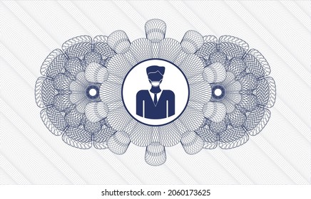 Blue passport emblem. Vector Illustration. Detailed with man wearing face mask icon inside