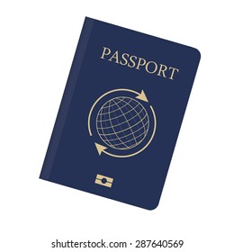 Blue passport with globe and arrows around vector illustration. Passport icon. Traveling passport