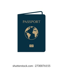Blue passport with gold text and earth globe symbol illustration on white background travel document design