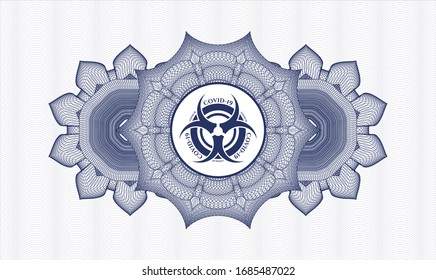 Blue passport money rosette with biohazard covid-19 icon inside