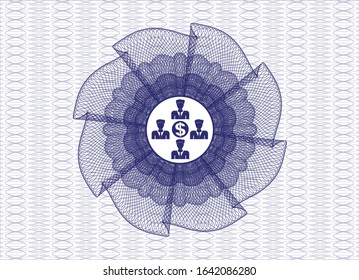 Blue passport money rosette with business teamwork and money icon inside