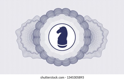 Blue passport money rosette with chess knight icon inside
