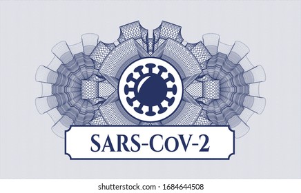 Blue passport money rosette with coronavirus icon and SARS-CoV-2 text inside