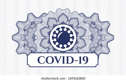 Blue passport money rosette with coronavirus icon and COVID-19 text inside