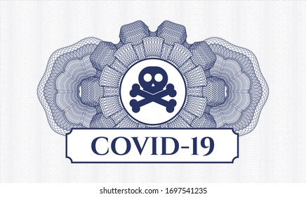 Blue passport money rosette with crossbones icon and COVID-19 text inside