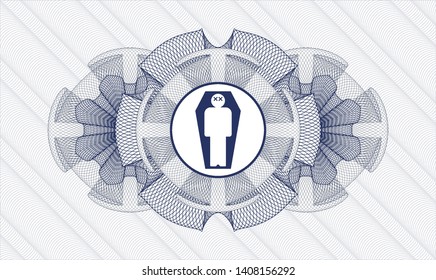 Blue passport money rosette with dead man in his coffin icon inside