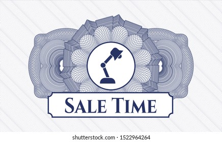 Blue passport money rosette with desk lamp icon and Sale Time text inside
