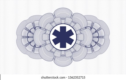 Blue passport money rosette with emergency cross icon inside