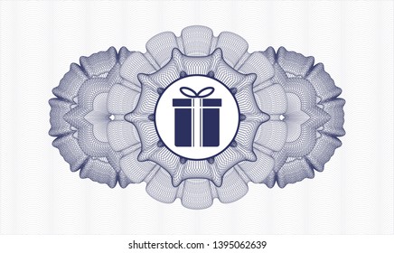 Blue passport money rosette with gift box icon inside