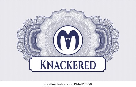 Blue passport money rosette with goat head icon and Knackered text inside