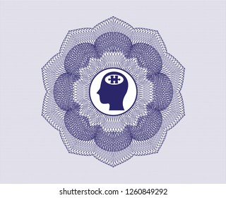 Blue passport money rosette with head with jigsaw puzzle piece icon inside