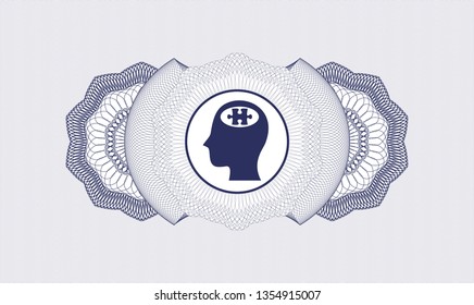 Blue passport money rosette with head with jigsaw puzzle piece icon inside