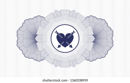 Blue passport money rosette with heart with two arrows icon inside