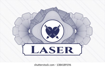 Blue passport money rosette with heart with two arrows icon and Laser text inside