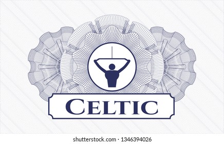 Blue passport money rosette with lat pull down, exercise icon and Celtic text inside