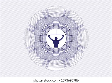 Blue passport money rosette with lat pull down, exercise icon inside
