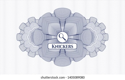 Blue passport money rosette with magnifying glass icon and Knickers text inside