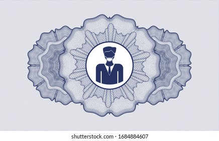 Blue passport money rosette with man wearing face mask icon inside