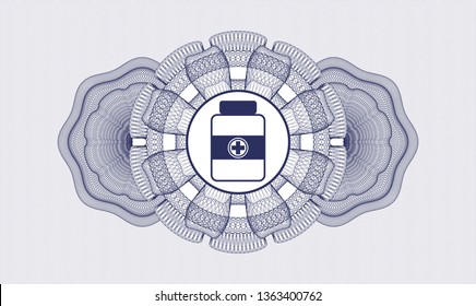 Blue passport money rosette with medicine bottle icon inside