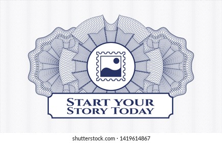Blue passport money rosette with picture icon and Start your Stroy Today text inside