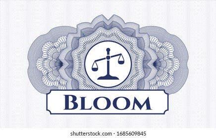 Blue passport money rosette with scale icon and Bloom text inside