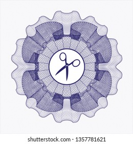 Blue passport money rosette with scissors icon inside