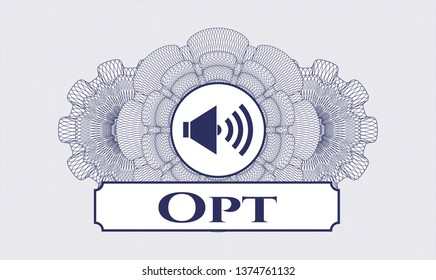 Blue passport money rosette with sound icon and Opt text inside