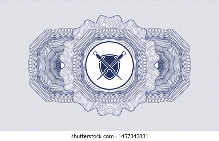 Blue passport money rosette with swords crossed with shield icon inside