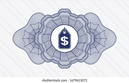 Blue passport money rosette with money tag icon inside