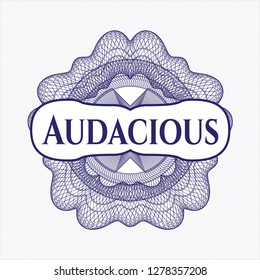 Blue passport money rosette with text Audacious inside