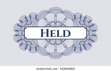 Blue passport money rosette with text Held inside