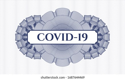 Blue passport money rosette with text COVID-19 inside