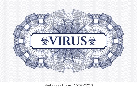 Blue passport money rosette with text Virus inside