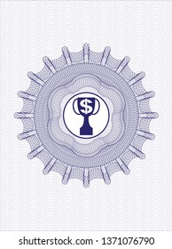 Blue passport money rosette with trophy with money symbol inside icon inside