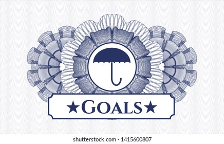 Blue passport money rosette with umbrella icon and Goals text inside
