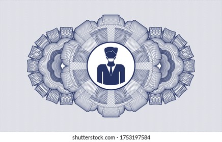 Blue passport money rosette. Vector Illustration. Detailed with man wearing face mask icon inside