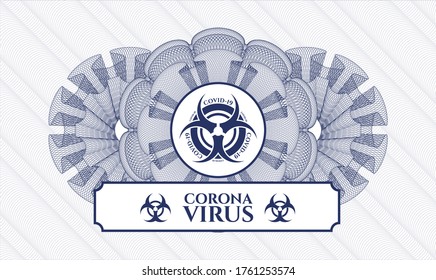 Blue passport money rosette. Vector Illustration. Detailed with biohazard covid-19 icon and Coronavirus text inside