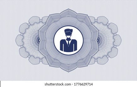 Blue Pass Geld Rosette. Vektorgrafik. Detaillierte Angaben mit einem Mann mit einer Gesichtsmaske-Ikone im Inneren