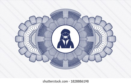 Blue Pass Geld Rosette. Vektorgrafik. Detaillierte Angaben mit einer Frau, die ein Symbol für Gesichtsmaske trägt