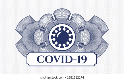 Blue Pass Geld Rosette. Vektorgrafik. Detaillierte Angaben mit dem Coronavirus-Symbol und COVID-19-Text innerhalb